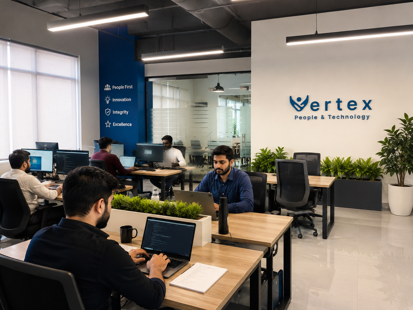 The Vertex open-plan office, with the team at work and the company values displayed on the wall